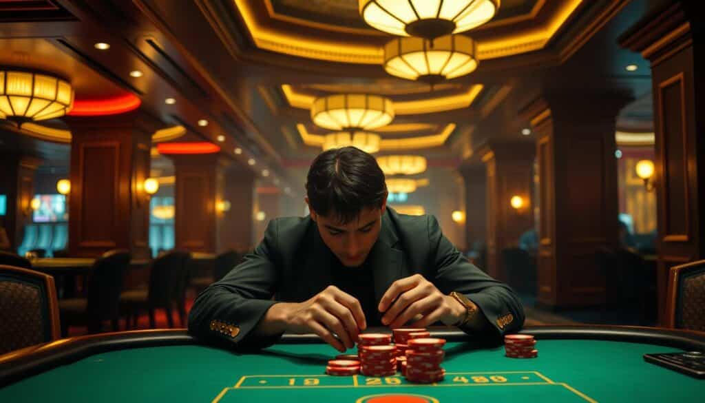 A tranquil casino interior with warm ambient lighting, a focused player seated at a baccarat table, deep in contemplation. The table's green felt surface and the player's hands, poised with poker chips, command the attention. Subtle details like the ornate wooden accents and muted color palette evoke a sense of sophisticated calm. The composition emphasizes the player's poise, conveying the mental preparedness required to navigate the game's unpredictable ebbs and flows. An atmosphere of strategic mindfulness permeates the scene, reflecting the essence of the "心理建設" needed to excel at baccarat.