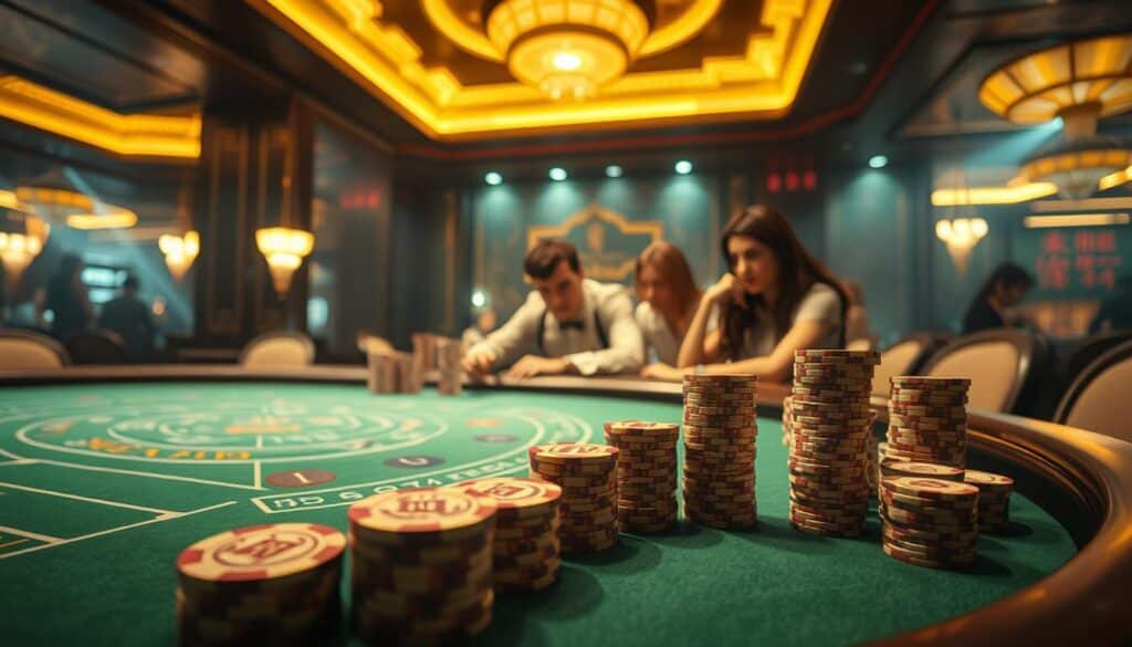 A tranquil casino setting, bathed in warm, soft lighting. In the foreground, a meticulously detailed baccarat table, its green felt surface inviting players to strategize their moves. Intricate casino chips, expertly stacked, are arranged around the table, hinting at the game's nuances. In the middle ground, a group of focused players, their expressions intense as they carefully consider their next bets. The background features the elegant, sophisticated ambiance of the casino, with subtle nods to traditional Chinese design elements. This image conveys the essence of baccarat gameplay - a delicate balance of luck, skill, and calculated risk-taking.
