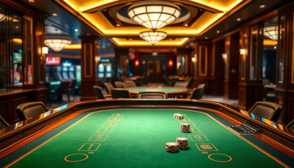 A tranquil casino table in a warm, softly lit interior. The green felt surface of the baccarat table is the focal point, with elegant wooden trim and glass accents creating an inviting atmosphere. A gentle spotlight illuminates the table, casting subtle shadows and highlighting the precision of the cards and chips. In the background, a blurred view of the casino floor suggests a larger, bustling environment, but the table itself remains a serene, focused space. The overall scene conveys a sense of strategic contemplation, suggesting the importance of maintaining a stable, consistent approach to increase one's chances of success in the game of baccarat.