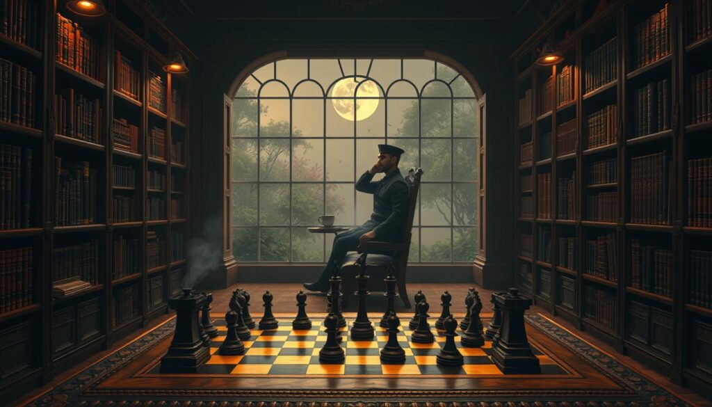 A tranquil, dimly lit library interior with warm lighting and deep shadows. In the foreground, a meticulously crafted wooden chessboard sits on an ornate desk, the pieces arranged in a strategic formation. Surrounding the desk, bookshelves line the walls, their shelves stocked with ancient tomes and scrolls. In the middle ground, a lone scholar sits in a high-backed chair, deep in contemplation, a cup of tea steaming beside them. The background is hazy, with a large window overlooking a lush, moonlit garden, suggesting a sense of balance and harmony. The overall atmosphere is one of intellectual focus, strategic planning, and the pursuit of a winning edge.
