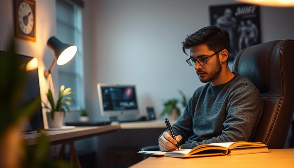 A tranquil, minimalist office setting with a desktop computer, plants, and a desk lamp providing warm, ambient lighting. In the foreground, a person sits in a comfortable chair, their expression calm and focused, as they write in a notebook. The background is blurred, hinting at the importance of mental clarity and emotional control in the pursuit of gaming success. The overall mood is one of thoughtful introspection and mindful strategy.