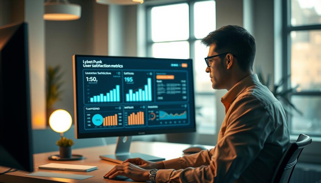 A tranquil office setting with a focus on user satisfaction metrics displayed on a computer screen. Warm, diffused lighting from large windows illuminates the modern, minimalist workspace. A professional, well-dressed man intently reviews the data, conveying a sense of diligence and care for customer experience. The background is blurred, emphasizing the importance of the satisfaction statistics. Soft, earthy tones create a calming, approachable atmosphere. High-quality, high-resolution image captured with a shallow depth of field.
