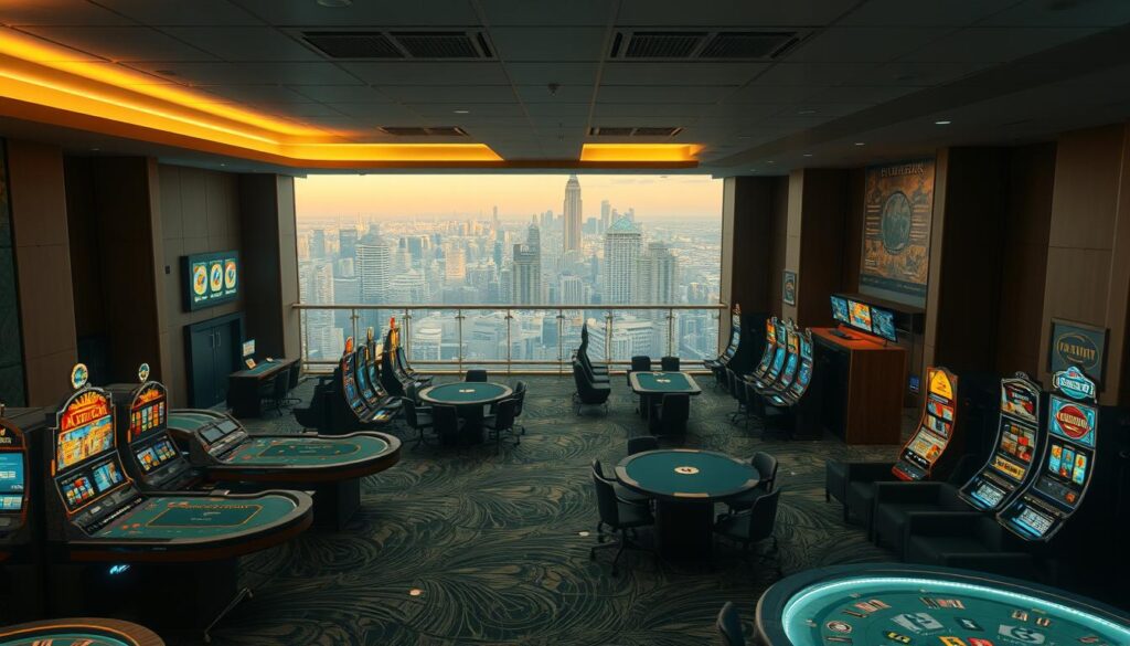 A tranquil online casino lobby, bathed in warm lighting and soothing neutral tones. In the foreground, a variety of gaming tables and slot machines beckon, each one meticulously crafted with attention to detail. The middle ground features comfortable seating areas and discrete service counters, creating an inviting atmosphere for players to immerse themselves. In the background, a panoramic view of a bustling city skyline, hinting at the vibrant entertainment options beyond the casino's walls. The overall scene conveys a sense of sophistication, security, and an unwavering commitment to providing a safe and enjoyable gaming experience.