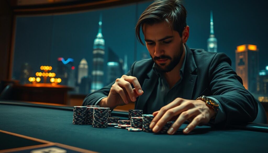 A tranquil scene of a seasoned gambler meticulously examining a stack of casino chips, their face radiating a calm confidence. The foreground features the gambler's hands delicately arranging the chips, reflecting the subtle nuances of long-term gaming strategy. The middle ground showcases the dimly lit gaming table, evoking the hushed atmosphere of an exclusive high-stakes establishment. In the background, a panoramic view of the city skyline at night serves as a symbolic representation of the gambler's ability to consistently profit over the long term. Soft, warm lighting casts a subtle glow, reinforcing the sense of mastery and control. The overall composition conveys a mood of poise, discipline, and the expertise required to achieve sustained winnings in the game of Baccarat.
