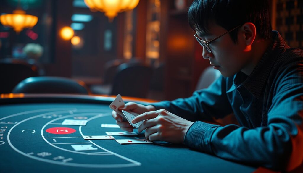 A tranquil scene of an online baccarat game, bathed in a warm, inviting glow. The interface is sleek and intuitive, with a seamless layout that draws the player's focus to the captivating gameplay. The cards are crisp and detailed, the table surface polished and reflective, creating a sense of elegance and sophistication. Subtle lighting casts a subtle sheen across the scene, highlighting the concentration and anticipation of the player, who is fully immersed in the strategic dance of the cards. The background is softly blurred, creating a calming, almost meditative atmosphere, inviting the viewer to imagine themselves in the heart of the Taiwanese baccarat experience.