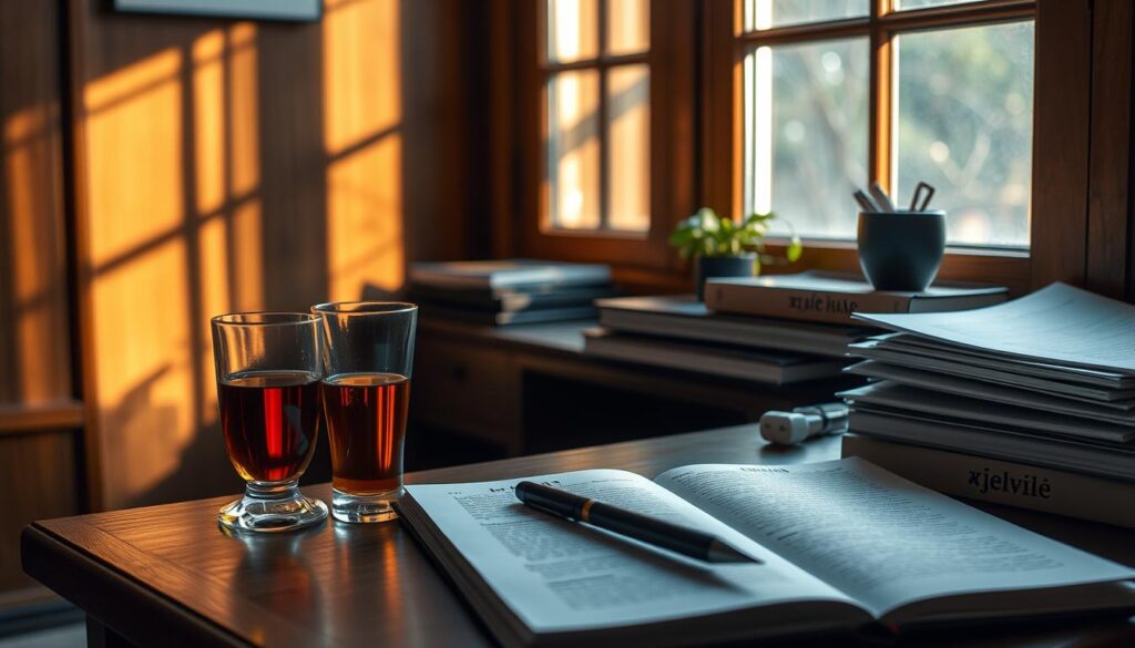 A tranquil study area with a wooden desk, a glass of tea, and an open notebook. Warm, natural lighting filters through a window, casting soft shadows. The desk is neatly organized, with a pair of reading glasses, a pen, and a stack of documents titled "百家樂遊戲常見問題解答". The overall atmosphere is one of focus and contemplation, inviting the viewer to delve into the subject matter at hand.