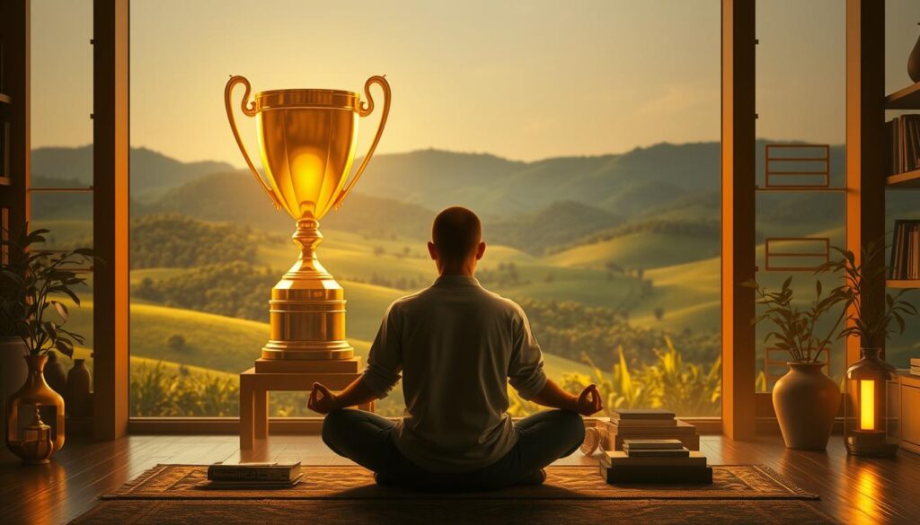 A tranquil study filled with symbols of success. In the foreground, a serene figure sits cross-legged, radiating an aura of inner calm and focus. Behind them, a magnificent golden trophy stands tall, its polished surface reflecting the soft light. In the background, a lush, verdant landscape unfolds, hills rolling gently into the distance. The scene is illuminated by a warm, golden glow, creating an atmosphere of prosperity and triumph. The lighting is soft and diffused, lending a sense of harmony and balance. This image conveys the essence of a "winner's mindset" - a combination of discipline, determination, and a deep appreciation for the journey, not just the destination.