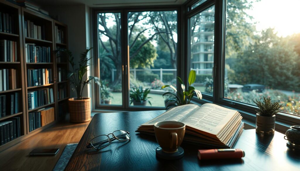 A tranquil study room with a large window overlooking a peaceful garden. On the desk, a open book, a cup of tea, and a pair of eyeglasses, suggesting a thoughtful, contemplative atmosphere. The lighting is soft and natural, filtering in through the window and creating a warm, inviting ambiance. The walls are lined with bookshelves, hinting at the intellectual pursuits of the room's occupant. A feeling of focus, clarity and inner strength permeates the scene, reflecting the "heart and mind" aspect of the subject matter.