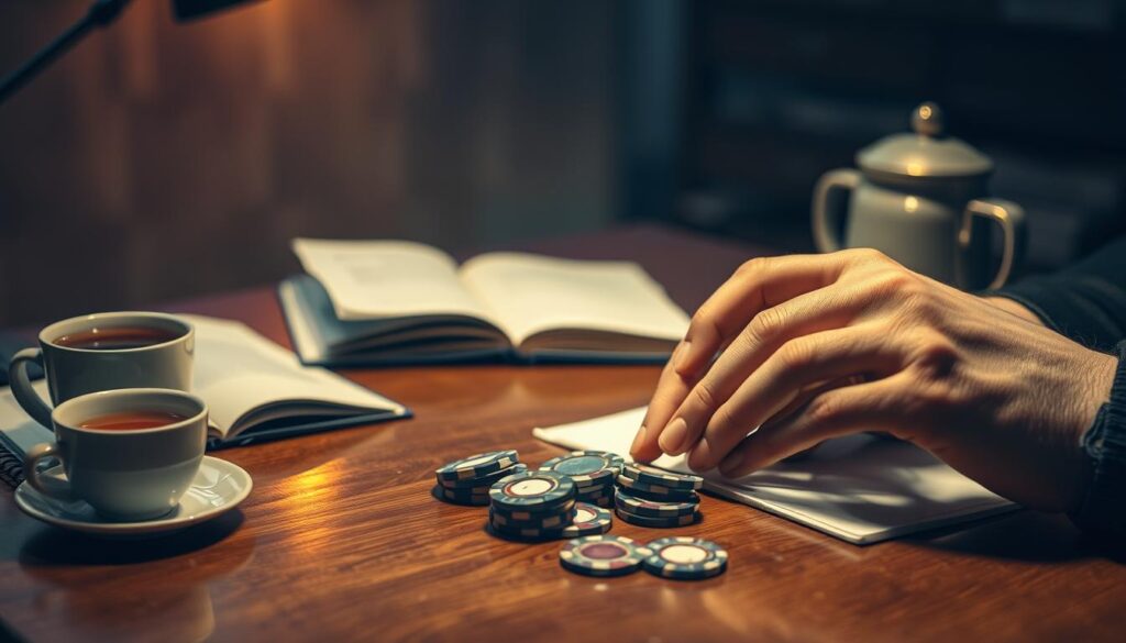 A tranquil study space, dimly lit by a warm, soft glow. On a polished wooden desk, an open notebook and a cup of tea suggest careful contemplation. In the foreground, a pair of hands thoughtfully observe a set of casino chips, studying their patterns and textures. The background is hazy, blurred, allowing the viewer to focus on the mindful analysis taking place. A sense of poise and strategic planning permeates the scene, capturing the essence of an effective observation strategy.