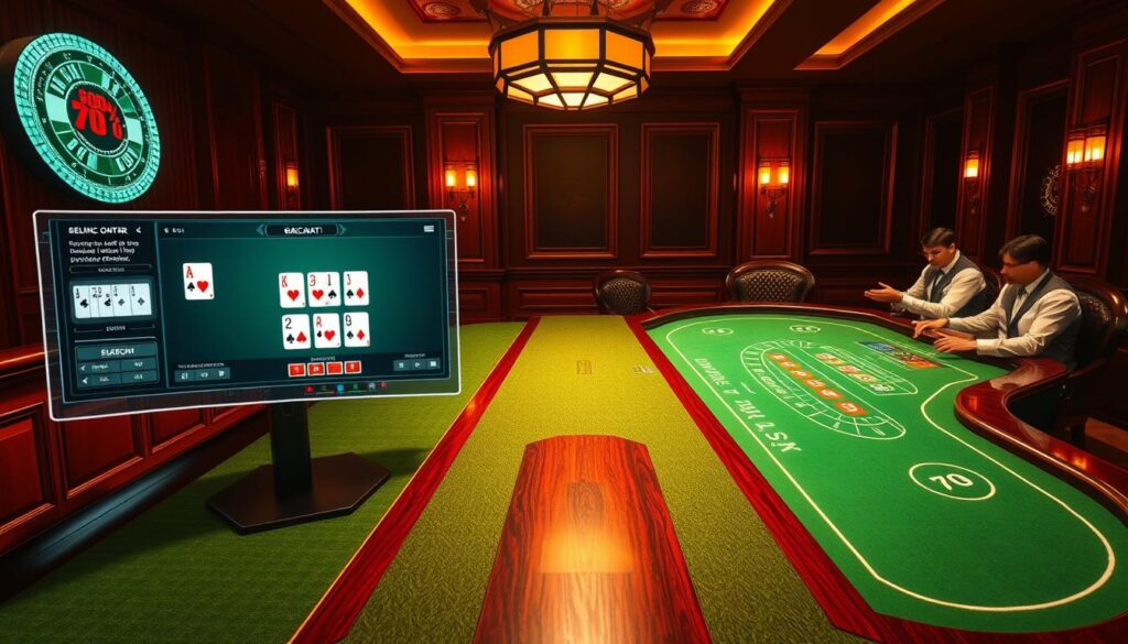 A vast casino table, the green felt surface contrasting with the warm wood surroundings. On one side, a virtual interface displays a digital representation of the baccarat game, complete with animated cards and a sleek, modern interface. On the other, an ornate physical table is flanked by attentive dealers, the classic ambiance of a brick-and-mortar casino palpable. The scene captures the essence of the comparison between online and traditional baccarat, juxtaposing the convenience of remote play with the immersive experience of a real-world gaming establishment. Dramatic lighting casts shadows and highlights the details, creating a sense of depth and drama. The overall composition balances the two distinct settings, inviting the viewer to consider the merits of each approach to this timeless casino game.