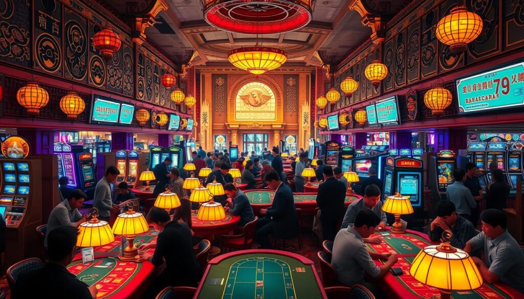 A vibrant Taiwanese baccarat market, bustling with activity. In the foreground, the colorful tables are surrounded by focused gamblers, their faces lit by the warm glow of the table lamps. The middle ground reveals a maze of gaming booths and vendors, creating a lively atmosphere. In the background, the ornate architectural details of the casino create a sense of grandeur, while the soft, diffused lighting casts a dreamlike ambiance over the entire scene. The overall composition evokes the thrill and energy of the baccarat experience in Taiwan, capturing the essence of this unique gambling culture.