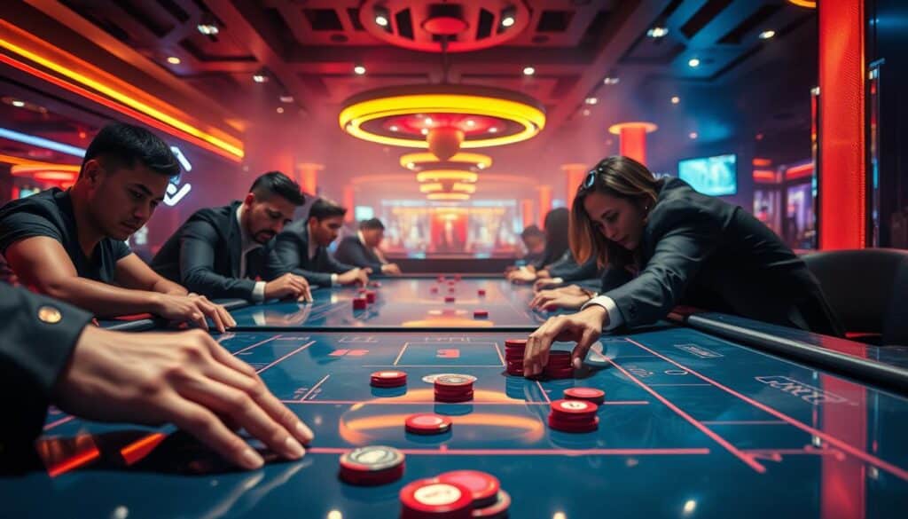 A vibrant and captivating exploration of creative Baccarat gameplay, set against a backdrop of a sleek, modern casino interior. Glossy gaming tables take center stage, surrounded by a hazy, atmospheric lighting that casts a warm, inviting glow. Skilled players lean over the tables, their expressions focused and intense, as they engage in a thrilling dance of strategy and chance. In the foreground, a pair of elegant, well-manicured hands delicately place chips, hinting at the high-stakes excitement unfolding. The overall scene radiates a palpable sense of innovation and sophistication, inviting the viewer to imagine the intriguing new gameplay possibilities within this iconic casino game.