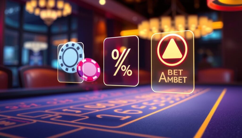 A vibrant and detailed illustration depicting the purpose and mechanics of betting limits in the game of baccarat. Set against a softly blurred backdrop of a baccarat table, the focal point is a series of transparent, floating icons representing betting limits - chips of varying denominations, a percentage symbol, and a maximum bet indicator. These hover gracefully in the foreground, their edges illuminated by a warm, directional light source, conveying a sense of importance and emphasis. The overall mood is one of clarity and visual explanation, guiding the viewer's understanding of this essential gameplay mechanic.