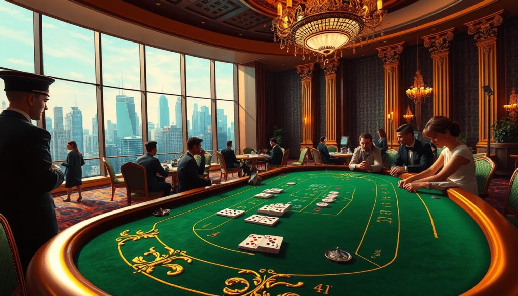 A vibrant and detailed illustration of the classic baccarat game. In the foreground, a green felt casino table with ornate gold trim, surrounded by a group of elegantly dressed players engaged in the game. The middle ground features a dramatic chandelier overhead, casting a warm glow across the scene. In the background, a lavish casino interior with plush carpeting, ornate columns, and large windows overlooking a bustling city skyline. The overall atmosphere conveys the excitement and sophistication of a high-stakes baccarat session, captured in a cinematic, wide-angle composition with a shallow depth of field.