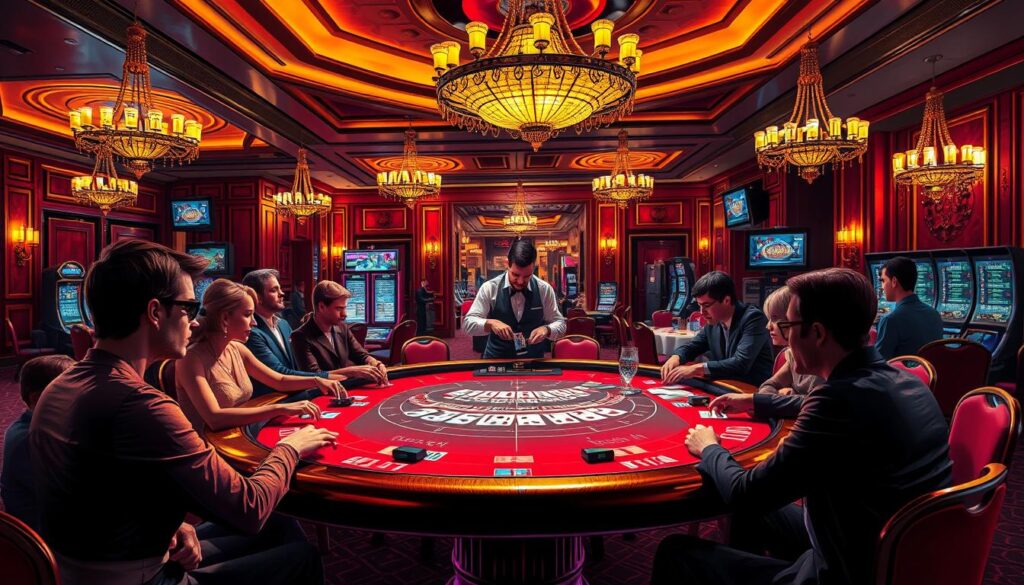 A vibrant and detailed scene depicting the classic casino game of baccarat. In the foreground, the gaming table is surrounded by players eagerly anticipating the next card to be dealt, their faces illuminated by the warm glow of overhead lighting. In the middle ground, the dealer deftly shuffles and distributes the cards, their movements precise and assured. The background showcases the luxurious and elegant atmosphere of the casino, with ornate chandeliers, plush carpeting, and rich, wood-paneled walls. The overall mood is one of excitement and anticipation, capturing the thrill and allure of the baccarat gaming experience.