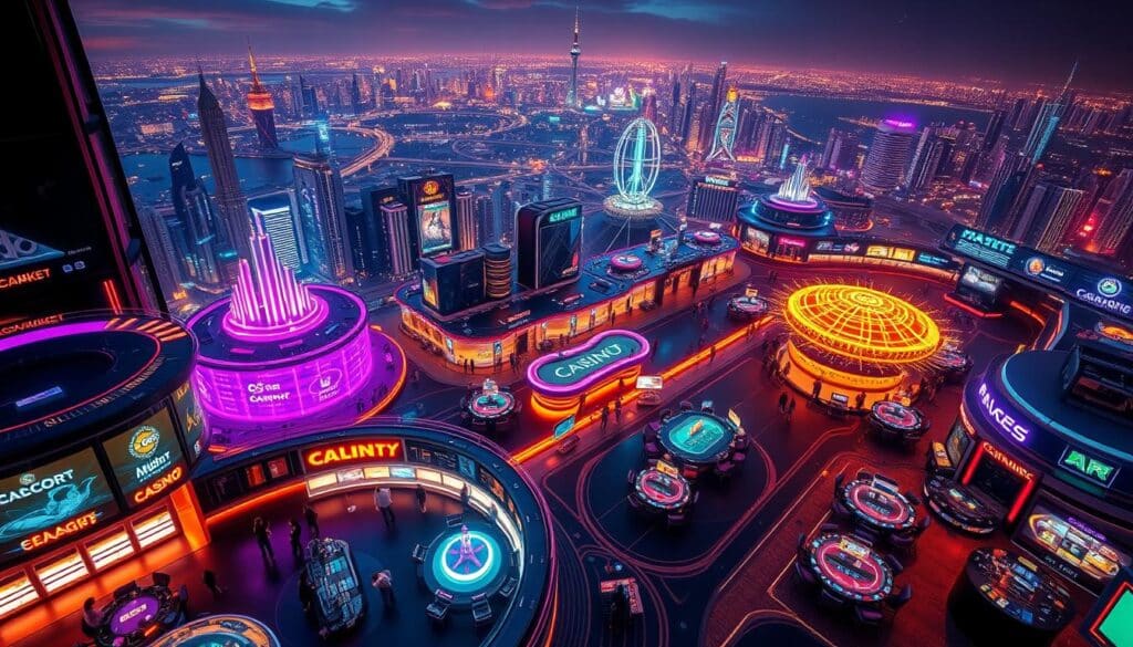 A vibrant and dynamic aerial view of the online baccarat gaming landscape, illuminated by the glow of digital interfaces and the hum of virtual transactions. In the foreground, a sleek, modern casino lobby bustles with activity, players immersed in the captivating gameplay. The middle ground features a network of interconnected platforms, each offering a unique take on the classic baccarat experience, catering to the diverse preferences of modern players. In the background, a panoramic cityscape stretches out, symbolizing the global reach and ubiquity of online baccarat, as the industry continues to evolve and expand. The scene is bathed in a warm, inviting lighting, capturing the allure and excitement of this thriving digital gaming landscape.