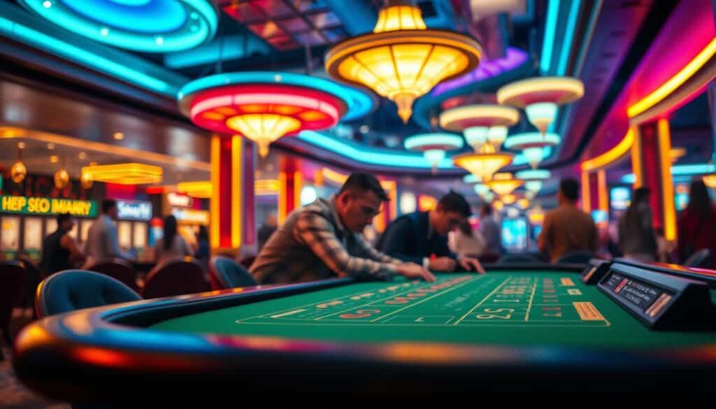 A vibrant and dynamic baccarat gaming analysis, captured with a cinematic flair. The foreground showcases a sleek and modern casino table, the green felt surface complemented by the warm glow of overhead lighting. In the middle ground, players lean intently over the table, their faces reflecting the thrill of the game. The background is a blur of activity, with the bustling energy of the casino floor hinting at the broader trends and patterns of baccarat gameplay. The scene is imbued with a sense of anticipation and strategic contemplation, inviting the viewer to delve deeper into the evolving dynamics of this classic casino game.