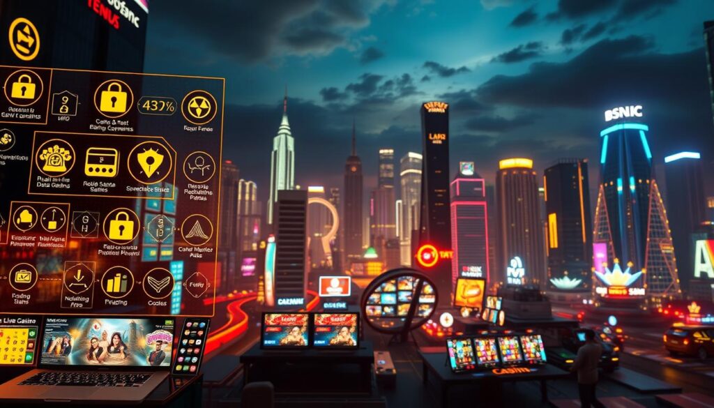 A vibrant and dynamic business platform, featuring a sleek and modern user interface. In the foreground, various icons and interactive elements symbolize the key factors for platform selection, such as security, user experience, and real-time data analysis. The middle ground showcases a diverse range of online gaming options, including live casino games, emphasizing the platform's comprehensive offerings. The background depicts a cityscape, hinting at the platform's global reach and connectivity. The scene is illuminated by warm, inviting lighting, creating a sense of professionalism and trustworthiness. Rendered in a realistic, photorealistic style using a wide-angle lens to capture the breadth of the platform's features and capabilities.