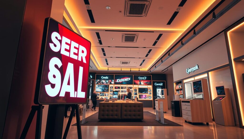 A vibrant and dynamic promotional display in a warm, inviting atmosphere. In the foreground, a large, eye-catching sign showcases the enticing promotional offer, its bold colors and clean typography drawing the viewer's attention. In the middle ground, neatly arranged product displays and interactive kiosks invite customers to engage with the promotion. The background features a modern, well-lit retail space, with sleek fixtures and a cohesive branding design that amplifies the overall sense of professionalism and allure. Soft, diffused lighting creates a subtle, elegant ambiance, while the carefully composed scene conveys a sense of excitement and anticipation around the promotional campaign.