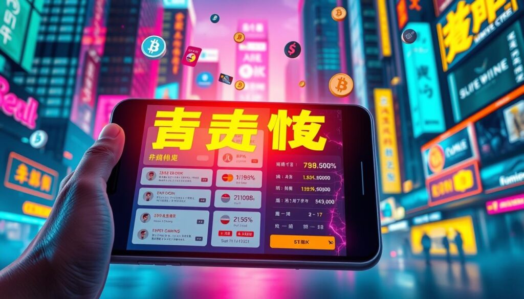A vibrant and dynamic scene depicting "線上儲值優惠". In the foreground, a smartphone or tablet displaying an online payment interface, showcasing various promotional offers and discounts. The screen is illuminated with a warm, inviting glow, drawing the viewer's attention. In the middle ground, digital currency symbols and icons representing different payment methods float and dance, creating a sense of movement and financial fluidity. The background features a stylized cityscape or financial district, with sleek skyscrapers and neon-lit signage, evoking the bustling energy of the online gaming and finance industries. The overall mood is one of technological advancement, financial accessibility, and the convenience of online transactions.