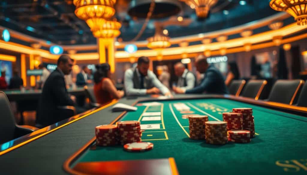 A vibrant and dynamic scene showcasing the distinctive features of online baccarat games. In the foreground, a sleek and modern casino table is illuminated by warm, golden lighting, creating an inviting and immersive atmosphere. The table is adorned with elegant green felt, and the cards and chips are meticulously rendered, capturing the essence of the game. In the middle ground, a group of players is engaged in the excitement of the game, their expressions of concentration and anticipation palpable. The background is blurred, suggesting the grandeur and energy of a bustling online casino, with subtle hints of the technology that powers the virtual experience. The overall composition conveys the thrill, sophistication, and accessibility of online baccarat, perfectly suited to showcase the key features of this captivating game.