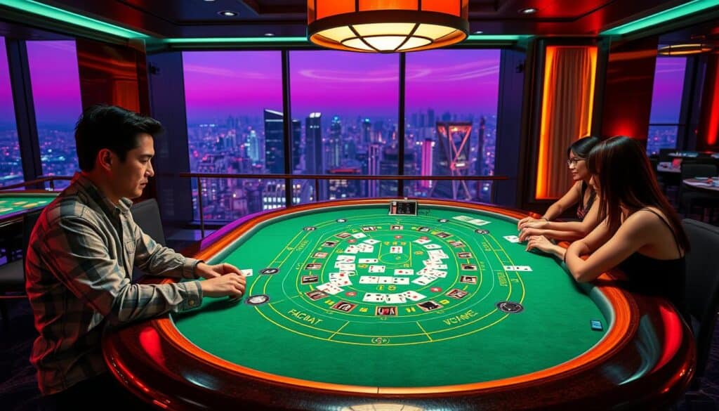 A vibrant and immersive online baccarat table set against the backdrop of a sleek, modern casino interior. The table is illuminated by subtle, warm lighting, creating a cozy and inviting atmosphere. Players are engaged in the game, their faces reflecting the thrill and excitement of the cards. The table is adorned with green felt, polished wood, and gleaming metal accents, exuding an air of sophistication. In the background, a panoramic view of the city skyline can be seen through floor-to-ceiling windows, hinting at the cosmopolitan nature of the setting. The scene conveys the allure and popularity of online baccarat among Taiwanese gamers, who are drawn to the convenience and immersive experience of playing this classic casino game from the comfort of their own homes.