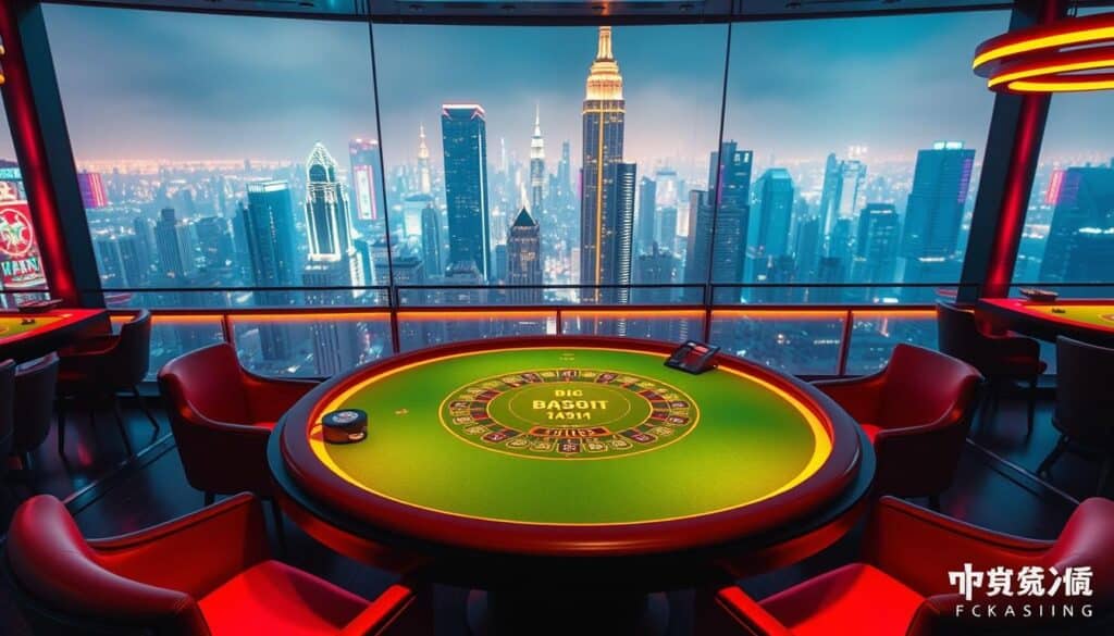 A vibrant and immersive online casino scene, featuring a stylish baccarat table at the center. The table is illuminated by warm, ambient lighting, casting a golden glow over the green felt surface. Sleek, modern furniture surrounds the table, inviting players to take their seats and try their luck. In the background, a panoramic view of a bustling cityscape, with skyscrapers and neon lights, creating a sense of energy and excitement. The atmosphere is one of sophistication and high-stakes thrills, perfectly capturing the essence of the "線上百家樂遊戲" experience.