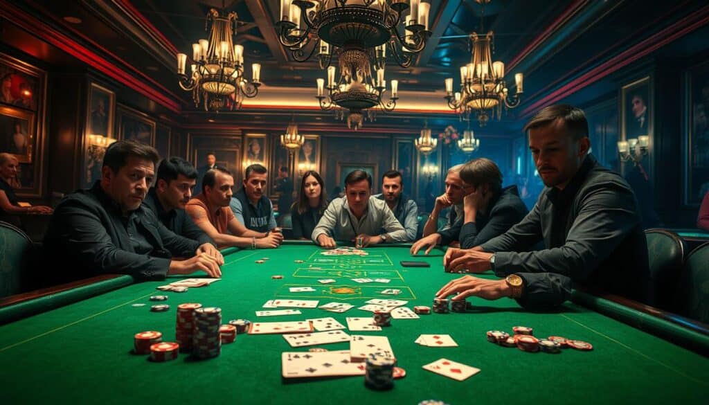 A vibrant and immersive tableau of a Baccarat gaming experience, captured with photorealistic clarity. In the foreground, the green felt table is adorned with casino chips, cards, and dice, inviting players to engage in the thrilling game. The middle ground features a group of focused individuals, their expressions conveying the intensity and excitement of the moment. In the background, a dimly lit, luxurious casino ambiance sets the stage, with ornate chandeliers and subtle lighting creating an atmosphere of sophistication and anticipation. The scene is rendered with meticulous attention to detail, capturing the essence of the Baccarat experience through a cinematic lens, perfect for illustrating the section on player reviews and real-world insights.