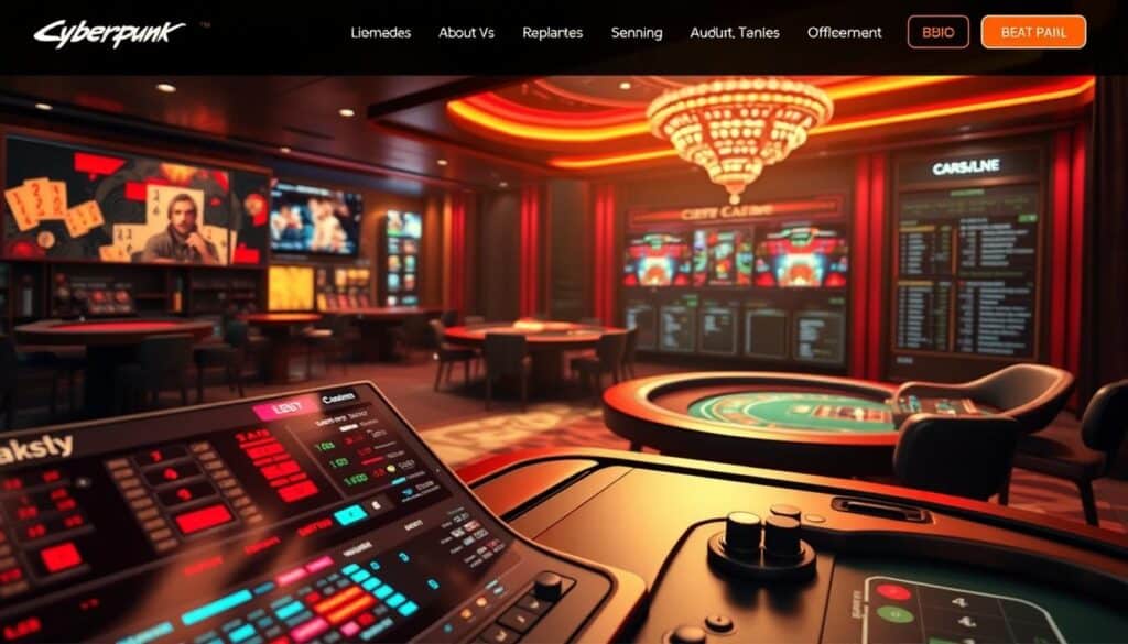 A vibrant and immersive website interface showcasing a professional online casino experience. In the foreground, a sleek gaming dashboard displays live betting odds and interactive game controls, inviting users to engage seamlessly. The middle ground features visually striking casino games like baccarat, their details rendered with photorealistic precision to capture the thrilling atmosphere. In the background, a sophisticated layout of navigation menus and informative content provides a sense of depth, guiding users towards a comprehensive understanding of the platform's offerings. Warm lighting casts a subtle glow, creating an inviting and premium ambiance that elevates the overall user experience.