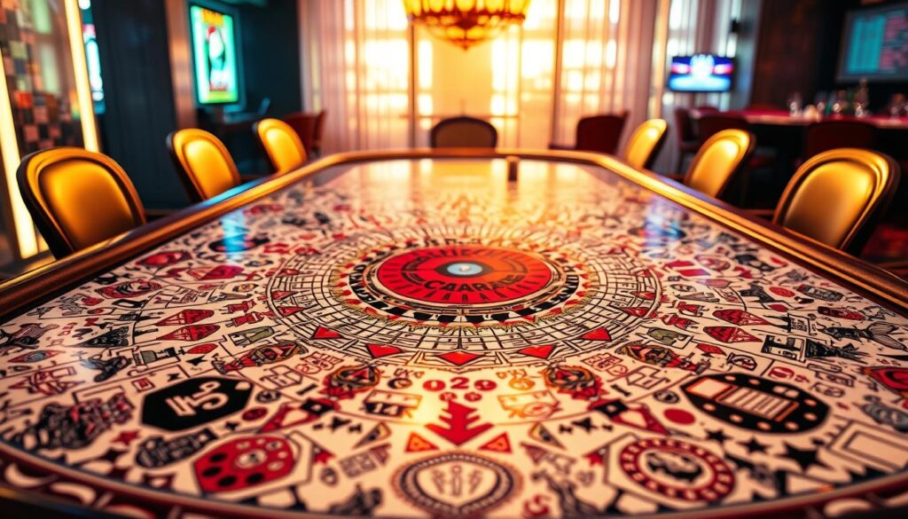 A vibrant and intricate casino table showcasing the multifaceted nature of the game of Baccarat. The table surface depicts a detailed, hand-drawn design featuring a kaleidoscope of symbols, patterns, and visual cues that represent the game's rich heritage, strategic depth, and thrilling gameplay. Soft, warm lighting bathes the scene, creating an inviting and immersive atmosphere. The perspective is a slightly elevated, three-quarter view, allowing the viewer to appreciate the table's intricate details and the overall composition. The image conveys the idea of Baccarat as a complex, captivating, and multidimensional game, reflecting the section title "優化百家樂遊戲內容的多重面向".