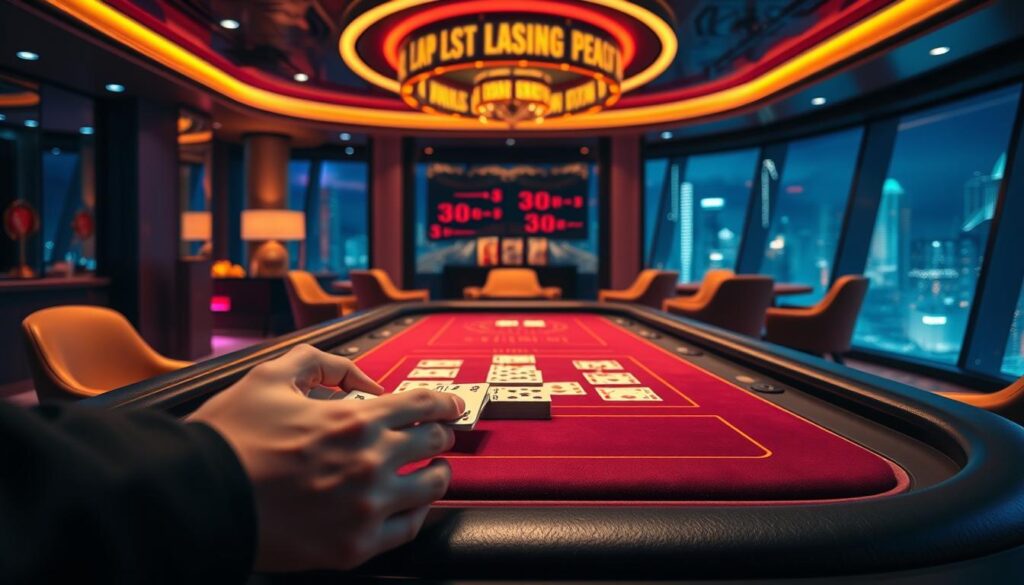 A vibrant and modern online casino scene, showcasing a sleek and stylish gaming table with a sophisticated ambiance. In the foreground, a close-up view of a pair of hands shuffling a deck of cards, drawing the viewer's attention to the core gaming experience. In the middle ground, a well-appointed casino interior with plush furnishings, soft lighting, and a sense of refined elegance. The background features a panoramic view of a bustling city skyline, hinting at the excitement and opportunity that the online casino platform offers. The overall mood is one of luxury, sophistication, and the thrill of high-stakes gaming.