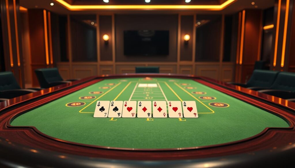 A vibrant and sleek online baccarat platform with a sophisticated user interface. The foreground features a well-designed gaming table with elegant green felt and polished wood accents. In the middle ground, a row of high-resolution baccarat cards is neatly displayed, inviting the player to engage. The background showcases a minimalist, yet refined environment with subtle lighting, creating a sense of ambiance and luxury. The overall composition conveys a premium, trustworthy, and immersive baccarat gaming experience for the discerning player.