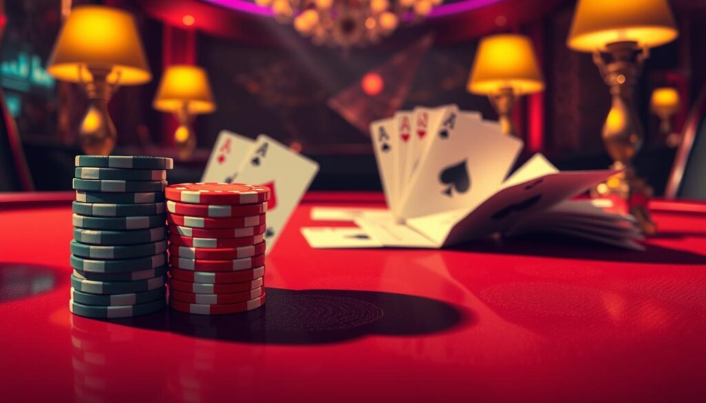 A vibrant and visually striking illustration of gambling options in a baccarat game. In the foreground, a stack of casino chips in various denominations, casting long shadows on the glossy table surface. The middle ground features playing cards, elegantly fanned out, hinting at the strategic decisions faced by players. The background is dimly lit, with the warm glow of table lamps creating a sense of atmosphere and anticipation. The overall scene conveys the excitement and tension of the baccarat experience, capturing the essence of the "How to Win at Baccarat" section of the article.