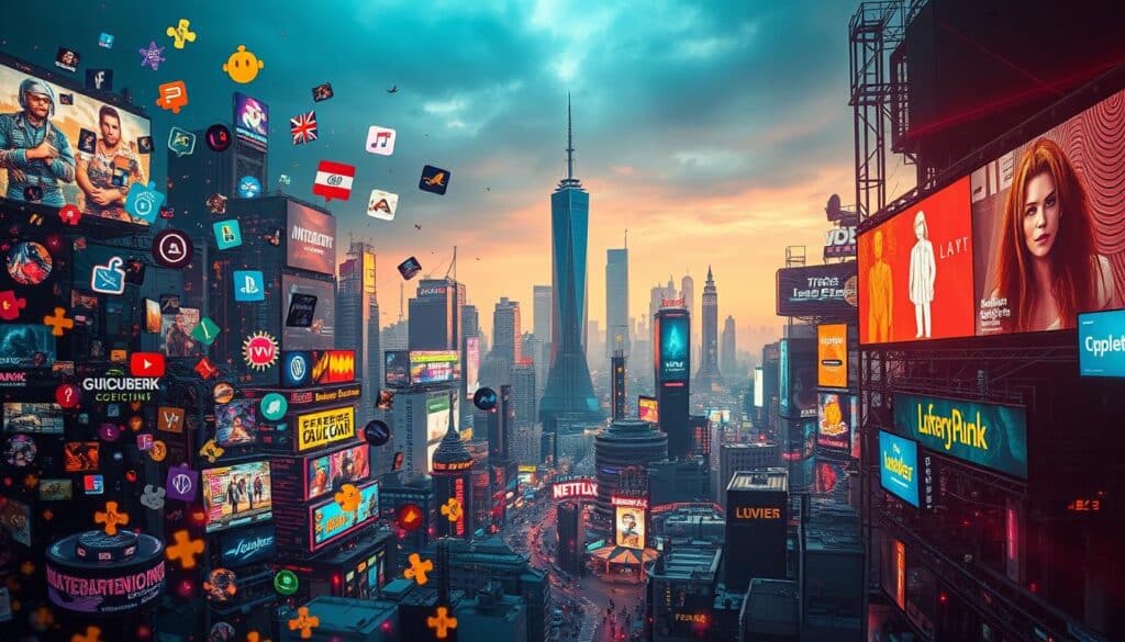 A vibrant array of creative ideas swirls against a backdrop of a bustling entertainment industry. In the foreground, a mosaic of innovative concepts takes shape, each one a unique puzzle piece contributing to the larger picture. The middle ground showcases cutting-edge technological solutions, their sleek designs and intuitive interfaces hinting at the future of interactive entertainment. In the distance, a cityscape of towering skyscrapers and neon-lit billboards sets the stage, a testament to the dynamic and ever-evolving nature of the industry. Warm, diffused lighting casts a sense of energy and excitement, inviting the viewer to explore the boundless potential of creative problem-solving within the realm of entertainment.