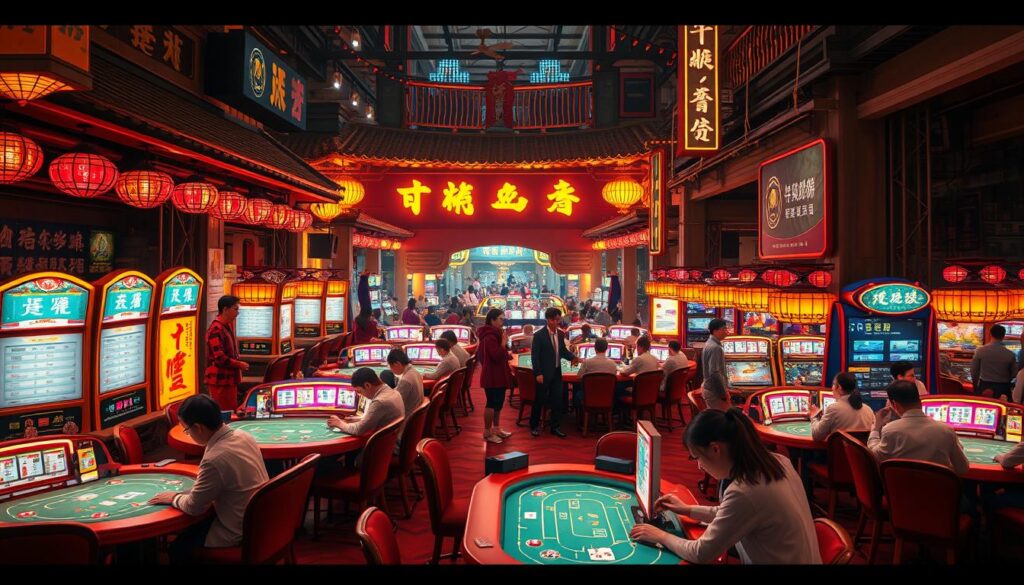 A vibrant, bustling Taiwanese Baccarat market scene with rows of brightly lit gaming tables, dealers in crisp uniforms overseeing the action, and players engrossed in the excitement of the cards. The atmosphere is electric, with the subtle chatter of chips and the occasional exclamation of victory. The market is framed by traditional Taiwanese architecture, hinting at the cultural heritage of this popular gambling hub. Warm, golden lighting casts a welcoming glow, drawing in curious onlookers. The composition captures the dynamic energy and social connection at the heart of this thriving Baccarat community.