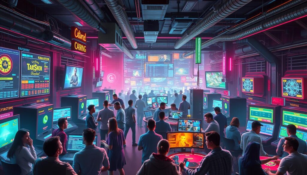A vibrant, bustling online community of online gambling enthusiasts, gathered in a virtual space filled with neon-soaked interfaces, pulsing energy, and a sense of camaraderie. In the foreground, avatars and digital representations of players engaged in lively discussions, sharing strategies, and debating the nuances of their favorite games like baccarat. The middle ground showcases a collage of screens, interfaces, and data visualizations, representing the flow of information, analytics, and real-time updates that fuel this interactive ecosystem. The background subtly hints at the larger digital landscape, with glimpses of server racks, network cables, and the infrastructure that supports this dynamic online gambling hub. The overall atmosphere conveys a sense of connection, exploration, and the shared passion of a community united by their love of the thrill and challenge of online gaming.