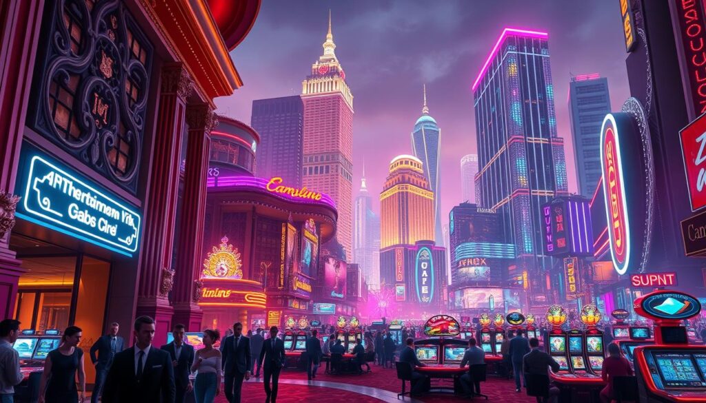 A vibrant casino cityscape, bathed in warm neon lights and the bustling energy of entertainment. In the foreground, a group of well-dressed patrons stroll through an elegant casino entrance, adorned with ornate columns and intricate architectural details. The middle ground showcases a variety of modern gaming tables, where players are immersed in the thrilling atmosphere of high-stakes gambling. In the background, towering skyscrapers and glittering lights create a dazzling urban skyline, hinting at the diverse range of entertainment options available within the city's thriving entertainment district. The overall scene conveys a sense of luxurious indulgence, adventure, and the allure of the gaming experience.