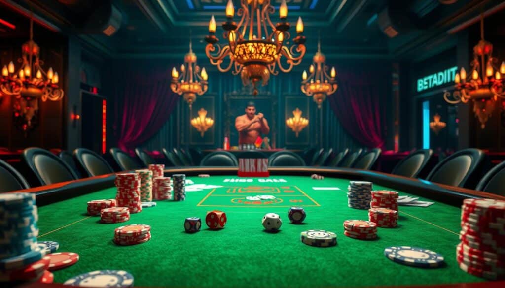 A vibrant casino gaming table with a focus on the "popular betting strategies" section. The foreground features an array of casino chips, dice, and cards artfully arranged to suggest different betting techniques. The middle ground showcases a detailed rendering of the green felt tabletop, with subtle patterns and textures that convey a sense of high-quality craftsmanship. The background depicts a dimly lit, luxurious casino environment, complete with ornate chandeliers, plush curtains, and a hint of neon lighting to evoke an air of excitement and possibility. The lighting is dramatic, with shadows and highlights that accentuate the key elements and create a sense of depth and atmosphere. The overall composition is visually striking, drawing the viewer's attention to the central theme of popular betting strategies in a captivating and immersive way.
