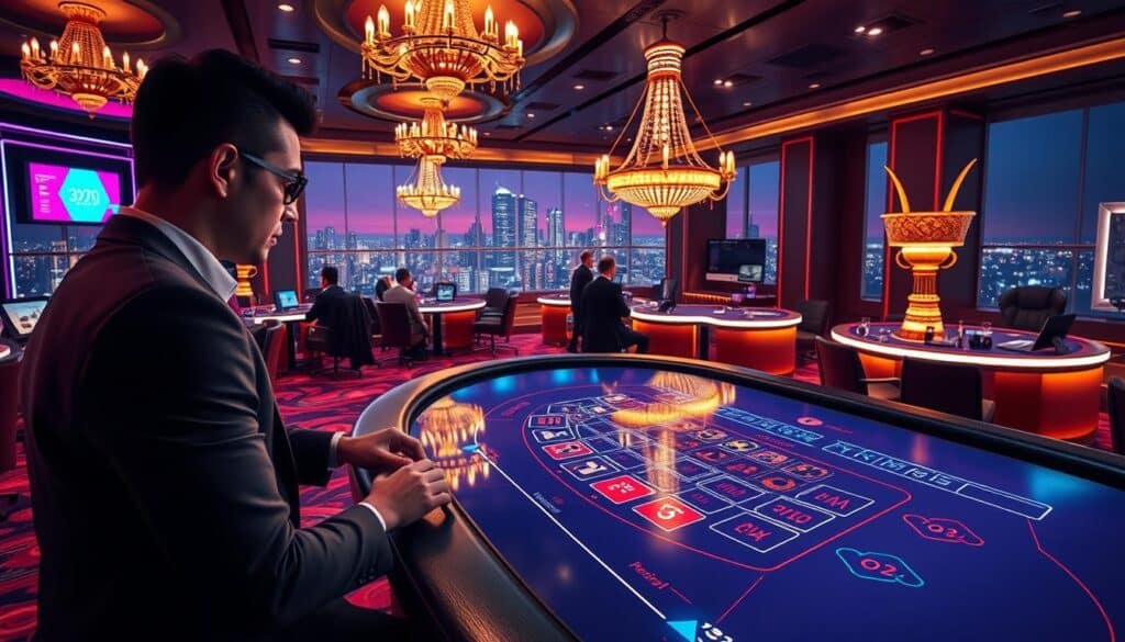 A vibrant casino hall filled with the allure of online baccarat. The foreground showcases a stylish player immersed in the game, fingers gracefully placing bets on the sleek virtual table. The middle ground reveals the elegant décor of the digital venue, with plush carpets, gilded chandeliers, and discreet dealers overseeing the action. In the background, a panoramic view of the city skyline at night, the twinkling lights adding to the excitement and mystery of the online casino experience. Soft, warm lighting creates an inviting atmosphere, drawing the viewer into the thrilling world of online baccarat.