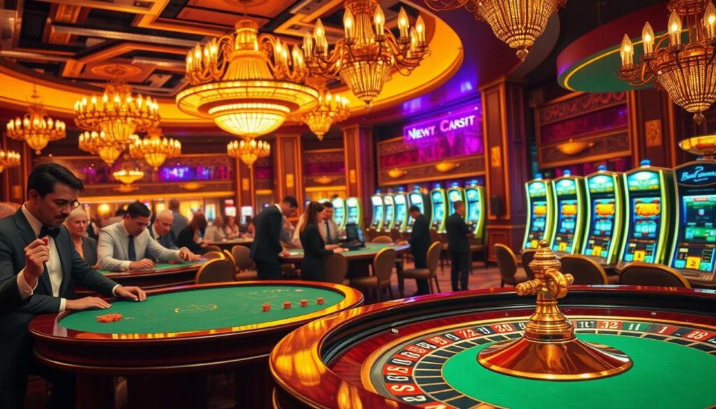 A vibrant casino interior, with elegant chandeliers shedding warm light across the tables. In the foreground, a semi-circular roulette table, its green felt surface contrasting with the polished wood and brass accents. Surrounding the table, well-dressed patrons lean in, their faces animated as they place bets. In the middle ground, a baccarat table comes into focus, players engaged in the game's tension-filled moments. In the background, rows of slot machines glimmer, their digital displays casting a mesmerizing glow. The scene exudes an air of sophistication and excitement, capturing the allure of online casino gaming.