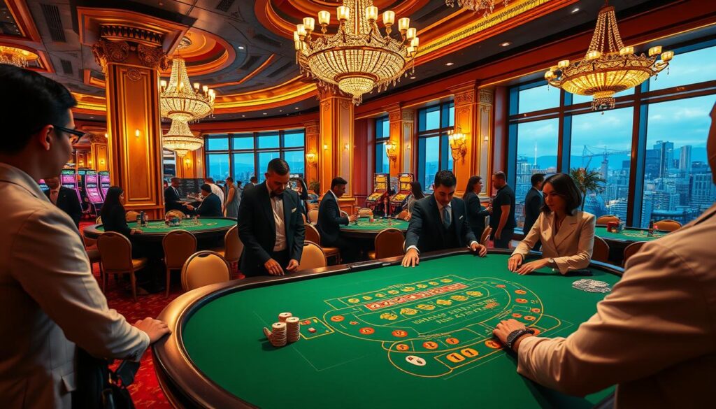 A vibrant casino scene, bathed in warm lighting. In the foreground, a crisply detailed baccarat table with gleaming green felt, surrounded by smartly dressed players intently focused on the game. The middle ground features a panoramic view of the ornate casino interior, with gilded columns, crystal chandeliers, and elegant decor. The background showcases a cityscape through large windows, hinting at the excitement and energy of the urban environment. The overall atmosphere exudes a sense of high-stakes sophistication and the thrill of the latest gaming innovations.