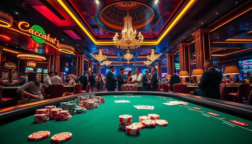 A vibrant casino scene, illuminated by the warm glow of neon signs and spotlights. In the foreground, a table displays an array of colorful casino chips, dice, and playing cards, inviting players to participate in the thrilling game of Baccarat. The middle ground showcases a group of smartly dressed patrons engaged in lively conversation, eagerly anticipating the next round. In the background, the opulent casino interior is visible, with plush furnishings, ornate chandeliers, and a sense of elegant sophistication. The overall atmosphere exudes excitement, anticipation, and the promise of potential winnings, capturing the essence of a premium Baccarat gaming experience.