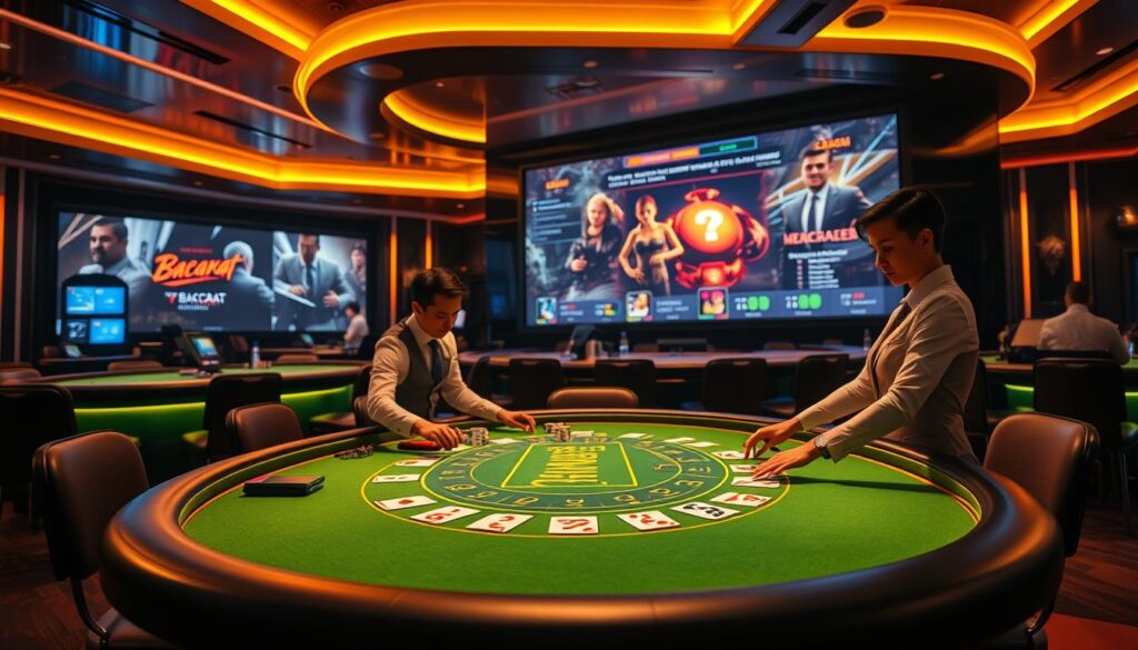 A vibrant casino setting with a modern and sleek design, showcasing the continuous evolution of the Baccarat game. The table is illuminated by warm, directional lighting, casting a golden glow across the green felt surface. Elegant dealers, dressed in crisp uniforms, gracefully handle the cards and chips, reflecting the game's refined atmosphere. In the background, a large display screen exhibits dynamic visuals, highlighting the game's cutting-edge features and updates. The entire scene conveys a sense of seamless integration between tradition and technological advancements, capturing the essence of Baccarat's perpetual modernization.
