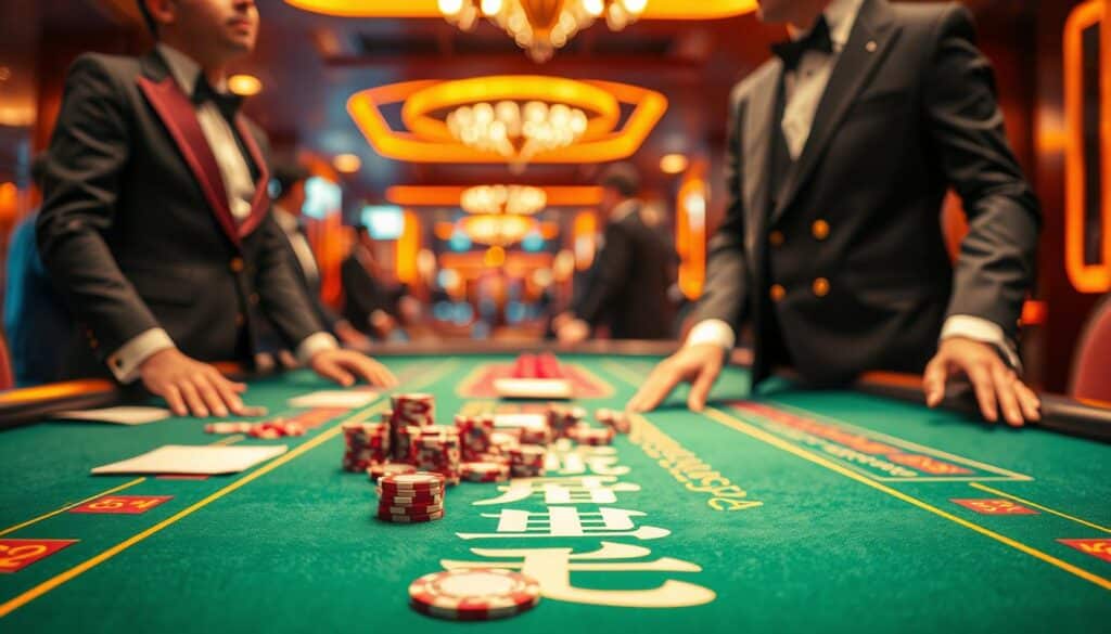 A vibrant casino table comes into focus, bathed in warm, inviting lighting. The green felt surface is adorned with the Chinese characters "百家樂機會", signifying the opportunities and challenges inherent in the game of Baccarat. Elegant croupiers stand ready, their hands poised to deal the cards. On the table, casino chips in a variety of denominations are scattered, hinting at the high-stakes nature of the game. The background is slightly blurred, drawing the viewer's attention to the central action, creating a sense of anticipation and excitement. The overall atmosphere conveys the thrill and allure of the Baccarat experience.