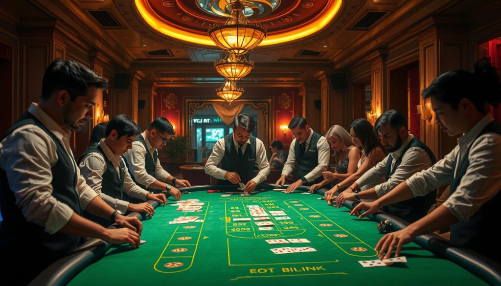 A vibrant casino table illuminated by warm overhead lighting, the green felt surface gleaming. Dealers in crisp white shirts and black vests stand ready, shuffling cards with practiced ease. Around the table, players lean in, their faces alight with anticipation as they place their bets on the outcome of the game. The air is charged with the thrill of the moment, the promise of potential riches. In the background, a elegant, opulent interior with plush furnishings and gilded accents, creating a luxurious ambiance. Atmospheric shadows and highlights create depth and drama, drawing the viewer's eye to the captivating action unfolding on the table.