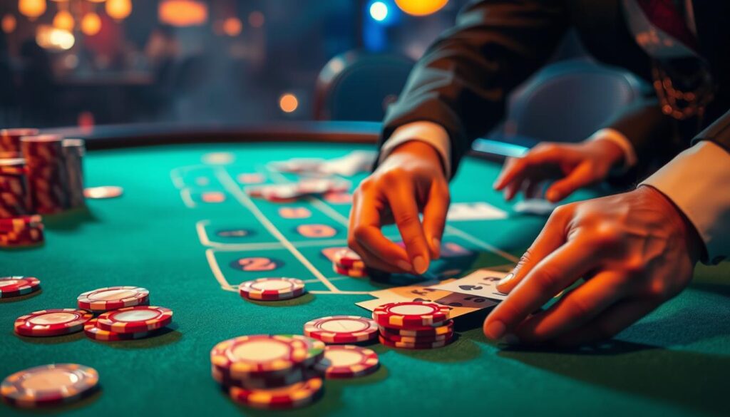 A vibrant casino table, its green felt surface gleaming under warm, softly diffused lighting. Elegant casino chips in a rainbow of colors are scattered across the table, each one a promise of potential riches. In the foreground, a skilled player's hands gracefully manipulate the cards, their movements precise and calculated. The background is hazy, suggesting the hushed atmosphere of a high-stakes gaming session. The overall mood is one of concentration, anticipation, and the thrill of the game - the essence of the "百家樂遊戲技巧" that can lead to victory.