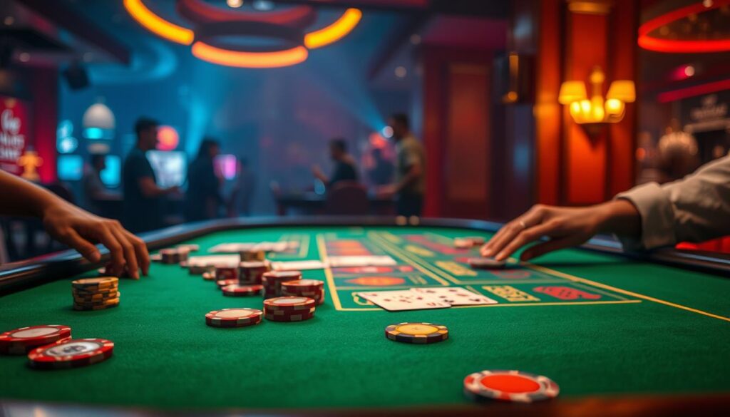 A vibrant casino table set against a dimly lit, atmospheric backdrop. In the foreground, a close-up view of the green felt surface, with various gambling chips and cards artfully arranged, highlighting the different betting options and strategies. The middle ground features the edge of the table, with hands reaching in to place bets and take winnings. The background is hazy, with the faint silhouettes of other players and the casino environment, creating a sense of immersion and anticipation. Warm, golden lighting casts a soft glow over the scene, heightening the excitement and tension of the game. The overall composition and attention to detail evoke the thrill and allure of the "賭注選擇" experience.