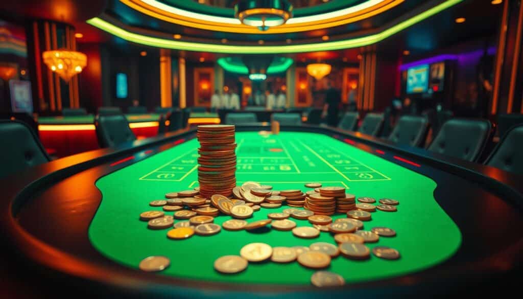 A vibrant casino table with a glowing green felt surface, surrounded by a halo of warm lighting. In the center, a stack of golden coins spills out, symbolizing the secrets to winning at baccarat. The scene is captured with a cinematic, high-contrast look, drawing the viewer's eye to the captivating image of wealth and success. Subtle details like the casino's elegant decor and the intricate patterns on the coins add depth and realism. The overall atmosphere exudes a sense of anticipation and the promise of a life-changing opportunity.