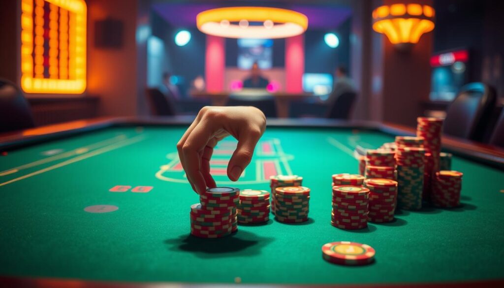 A vibrant casino table with a green felt surface, illuminated by warm, focused lighting. Stacks of colorful chips are neatly arranged, inviting a careful, strategic approach. The table's design is minimalist, with clean lines and a sense of restraint, conveying a mood of discipline and measured decision-making. In the foreground, a player's hand hovers over the chips, poised to make a thoughtful, calculated wager, reflecting the section's emphasis on building a rational betting framework and avoiding emotional impulses. The background is hazy, blurred, and devoid of distractions, allowing the viewer to concentrate on the pivotal moment of the betting decision.