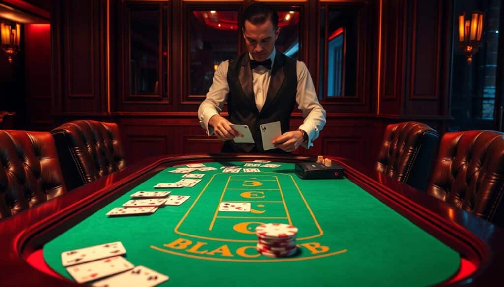 A vibrant casino table with a green felt surface, surrounded by an elegant wood frame. Crisp, high-definition cards are dealt by a croupier in formal attire, creating an alluring atmosphere of strategic gameplay. Warm, directional lighting illuminates the table, casting subtle shadows and highlights on the cards and chips. The table is flanked by plush leather chairs, inviting players to engage in the captivating rules and dynamics of the Baccarat game. The scene conveys a sense of sophistication, focus, and the thrill of high-stakes gambling.